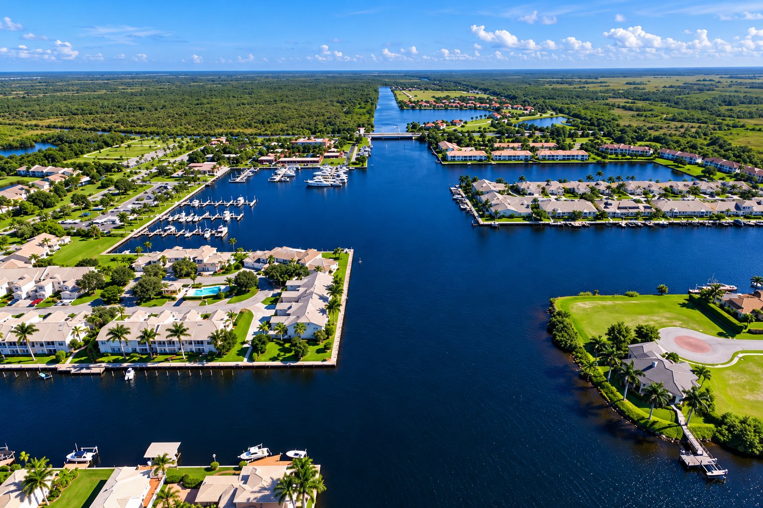 Aerial view of a waterfront community with a marina, canal front homes and condominiums, a wide canal and surrounding mangrove and preserve land